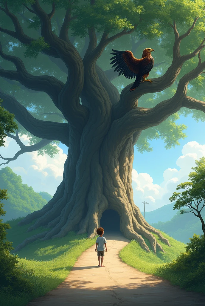 A wide, peaceful road runs along a large banyan tree. A magnificent bird, such as an eagle or hawk, perches on one of the branches. Beneath the tree, a boy stands alone, gazing upward.