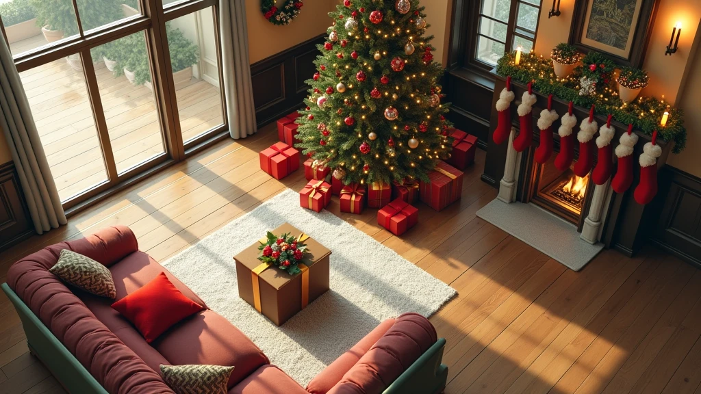 decorate this room with christmas themed decorations, christmas trees, presents near the christmas tree, christmas present socks hanging on the wall, decoration christmas lights, elaborate details