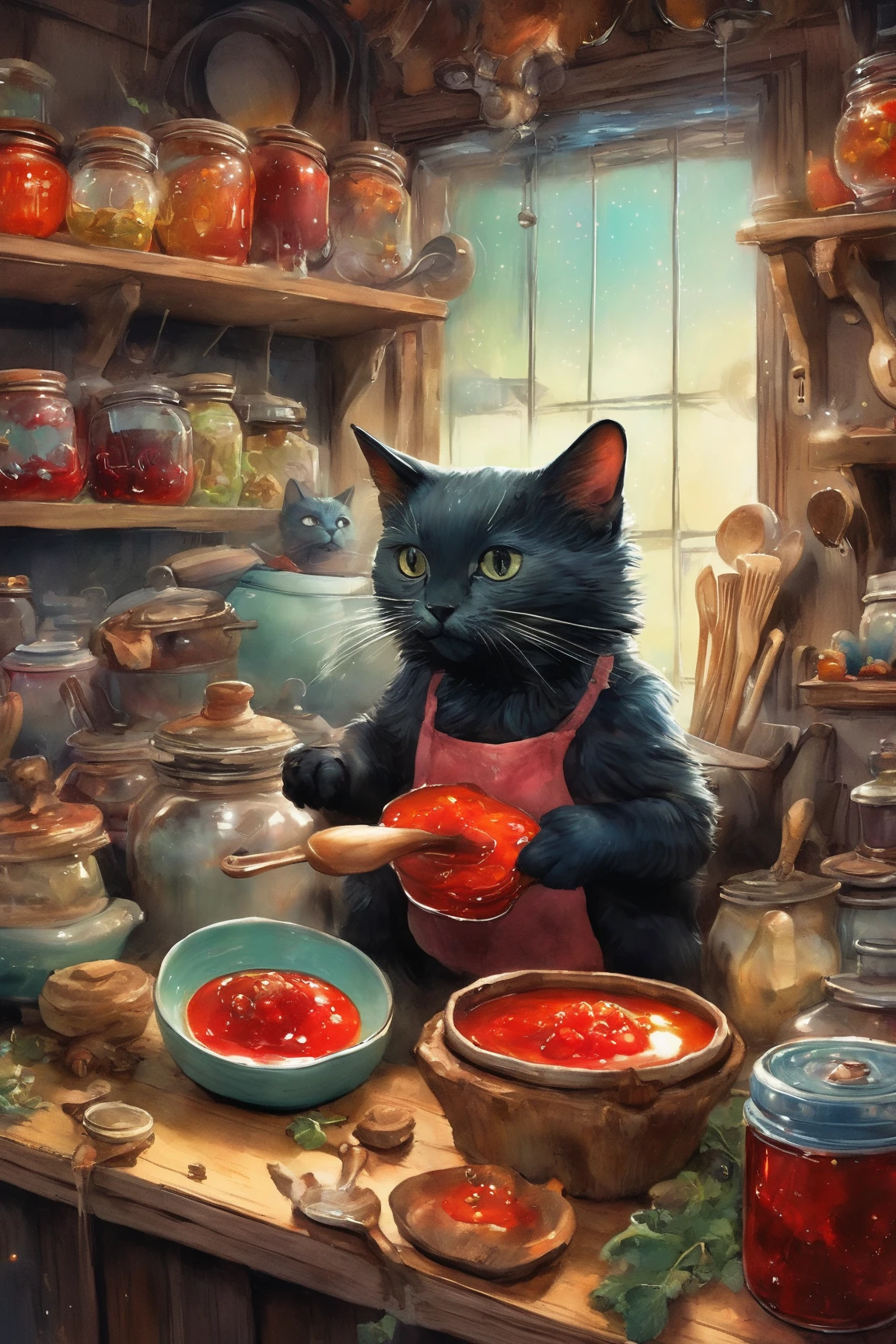   pictures of cats cooking with jars of jam in the kitchen, At the potion shop,  inspired by Jean Quip ,  Beeple and Jeremiah Kettner ,❤🔥🍄🌪, Cats make soup  ,   lowbrow pop surrealism ,  Jana Blake Art ,   Benjamin Lacombe  ,   Amazing Art  ,   Jean-Baptiste Monge  