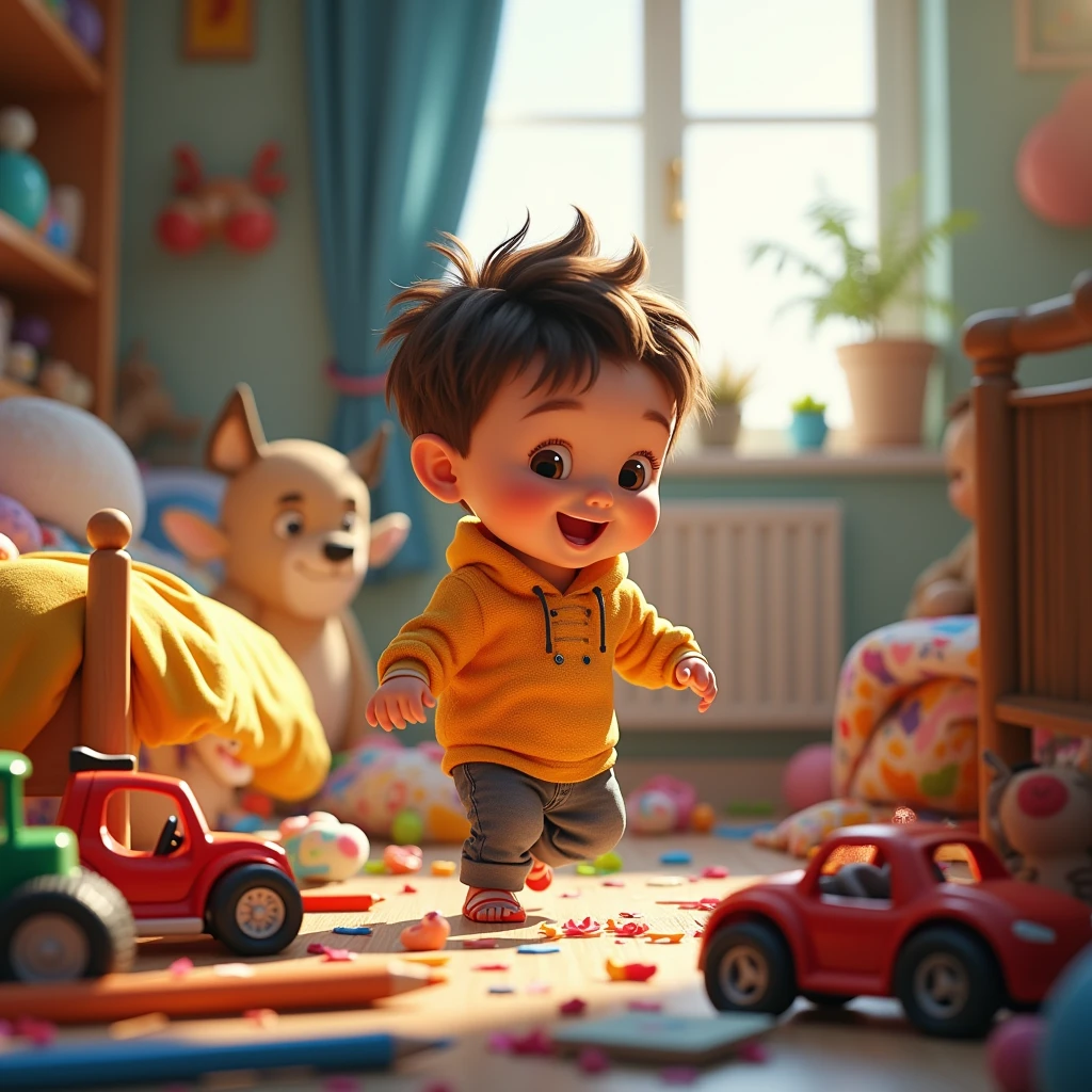 A child playing with toy cars in a room decorated with clouds and stars