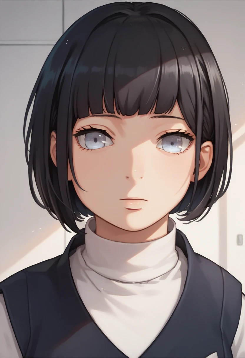 1girl, black long vest, white sleeves, blue eyes, white pants, ikemoto style, Hinata Hyuga, bob cut, hair bangs, white eyes, black hair, perfect face, perfect body, perfect face shape, perfect mouth, perfect hair, perfect eyes, expressive eyes, perfect nose, perfect face, perfect eyes, perfect waist, perfect hair, 