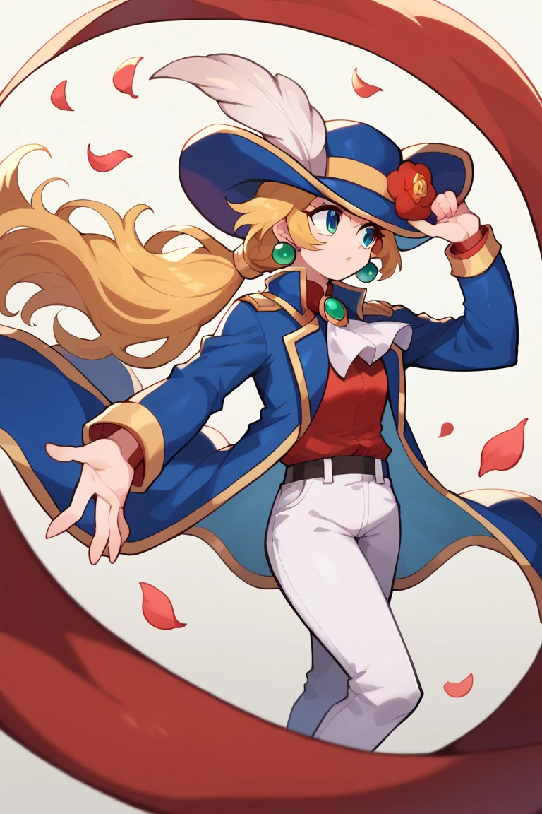 score_7_up, BREAK 1girl, solo,  IncrsPchSwordfighter, long hair, ponytail, hat feather, ascot, white pants, hat flower, long sleeves, petals, red flower, red shirt, blue jacket, feathers, blue coat, coat, blue headwear, brooch, jewelry, earrings