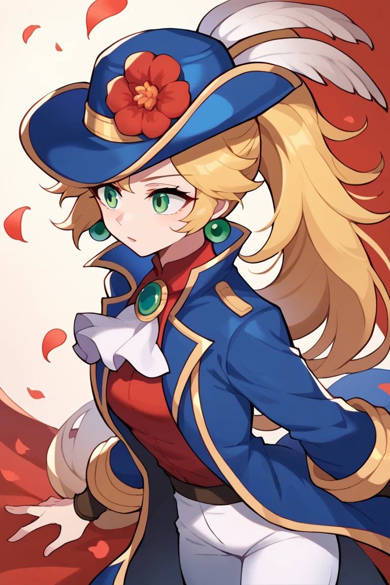 score_7_up, BREAK 1girl, solo,  IncrsPchSwordfighter, long hair, ponytail, hat feather, ascot, white pants, hat flower, long sleeves, petals, red flower, red shirt, blue jacket, feathers, blue coat, coat, blue headwear, brooch, jewelry, earrings