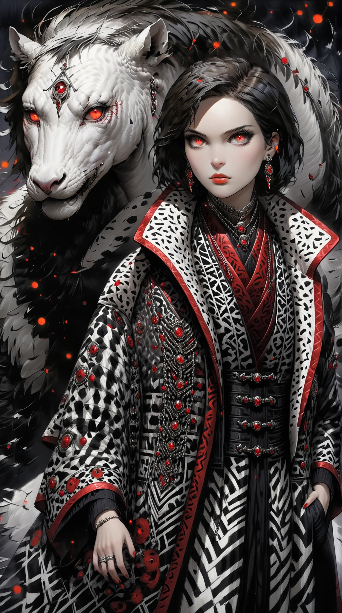 masterpiece, best quality, intricate details, 1girl, bob cut hair \(zigzag, black and white pattern\), earrings, old, mature, large fur coat \(fluffy, zebra pattern\), vest, red necktie, long slack pants, (full body), evil stare, one glowing eye, skull necklace, evil aura \(pink, purple\), low angle,