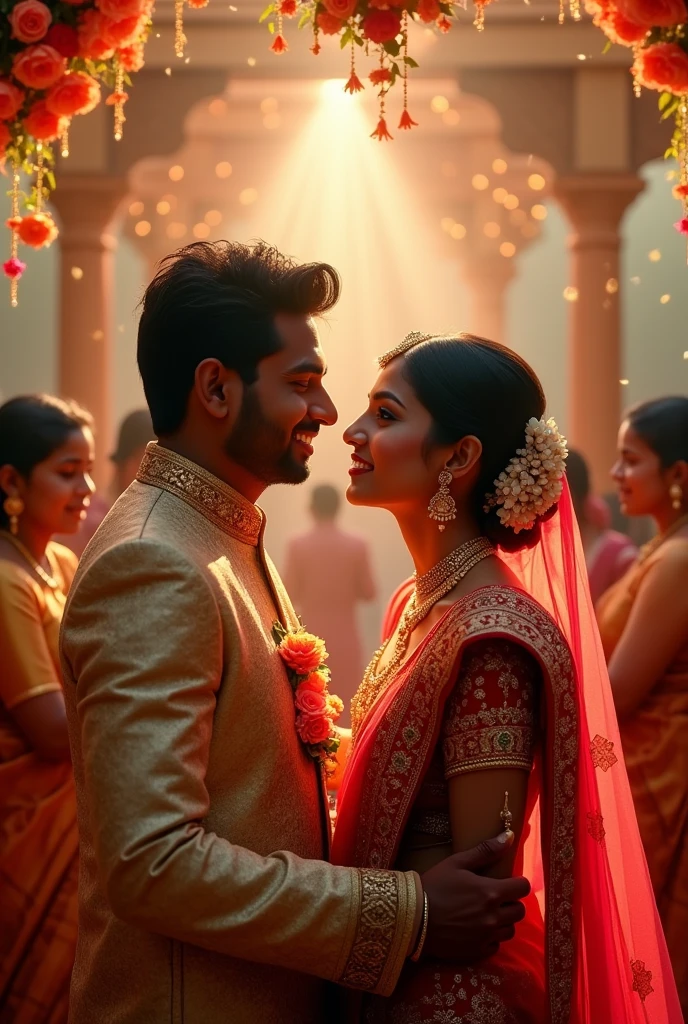 A man aged 30 a girl age 22 man looks handsome men's have straight and short hair girl looks little chubby girls has long hair they wearing indian wedding dress girl wearing saree and boy wearing vetti