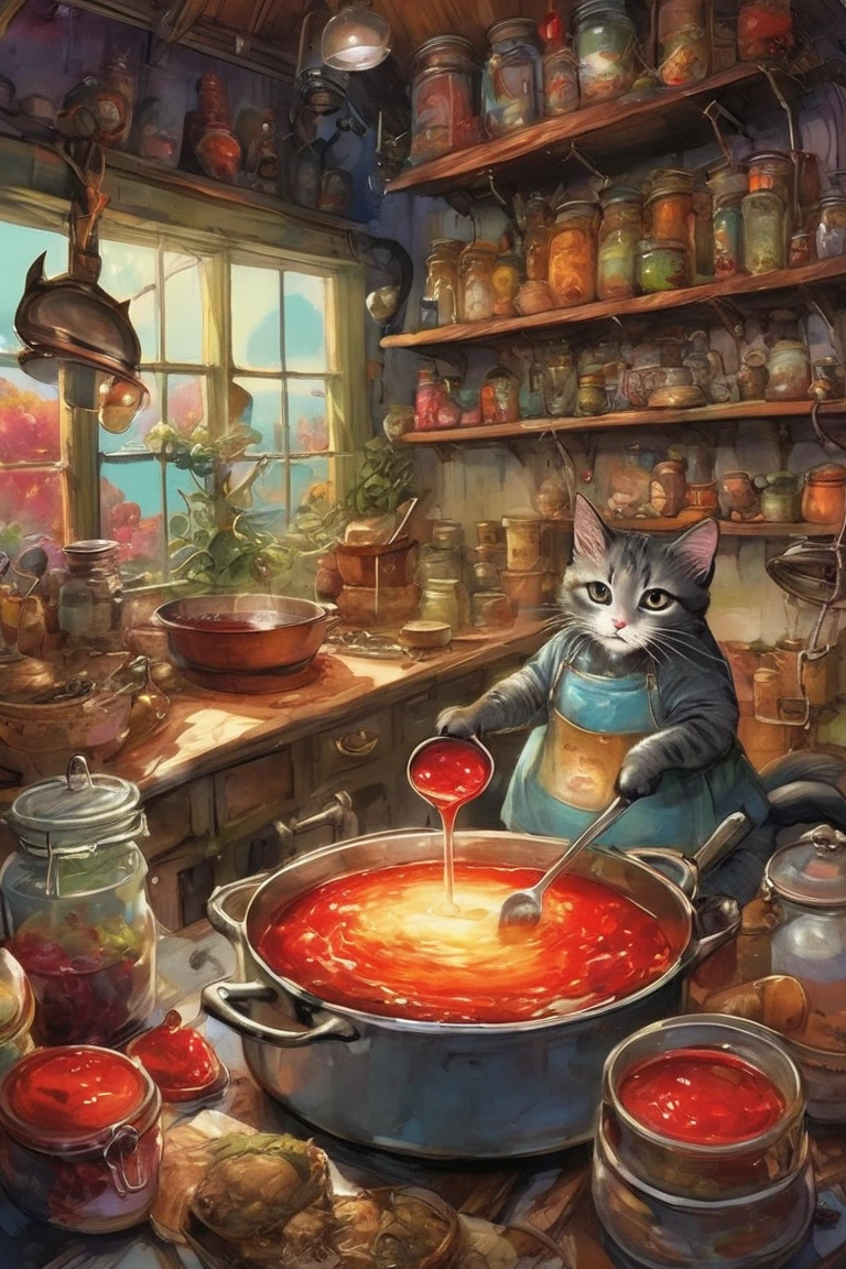   pictures of cats cooking with jars of jam in the kitchen, At the potion shop,  inspired by Jean Quip ,  Beeple and Jeremiah Kettner ,❤🔥🍄🌪, Cats make soup  ,   lowbrow pop surrealism ,  Jana Blake Art ,   Benjamin Lacombe  ,   Amazing Art  ,   Jean-Baptiste Monge  