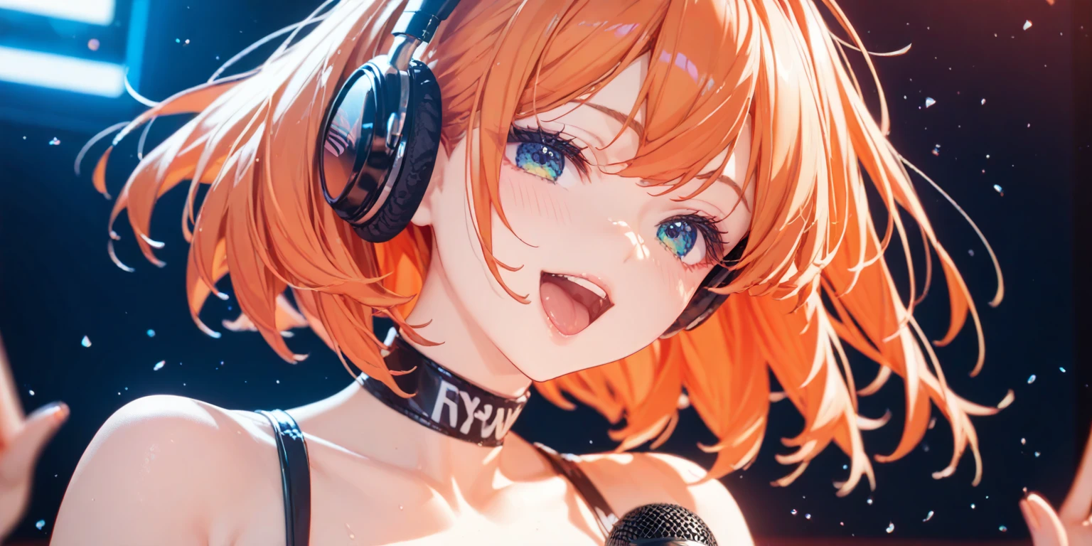 HDR, 8K, masterpiece,best quality,amazing quality,very aesthetic,absurdres,newest,detailed eyes, Secondary Colors, orange accent,
woman, ponytail, uwu, long hair, portrait, floating hearts, black background, purple neon grading, popstar, microphone, headphones, singing, lush breasts,
black background, halftone background,
