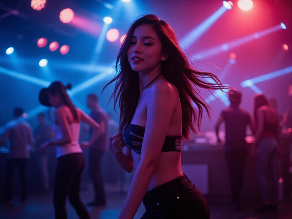 A seductive young woman in a shimmering, neon-lit nightclub, lost in the hypnotic rhythm of a pulsating trance music, her body swaying to the beat as she spins and twirls across the dance floor, her long, flowing hair whipping around her face, her eyes closed in ecstasy, surrounded by a haze of swirling lights and fog, her outfit a fusion of modern style and edgy sensuality, with a bold, confident smile spreading across her face as she gives in to the music's seductive power. hd 4 k resolucion locking seductive to the camera