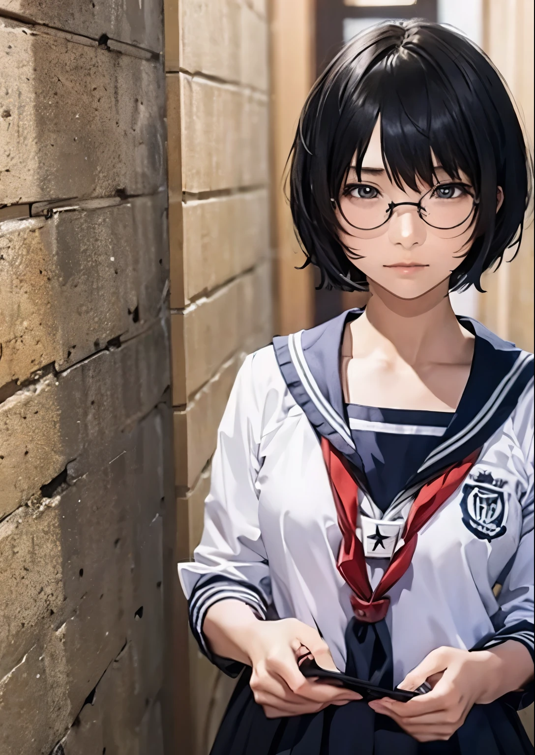 high school girl、 and 、Alone、 black hair、 short bob hair、bangs、Moderate bust 、 official costume