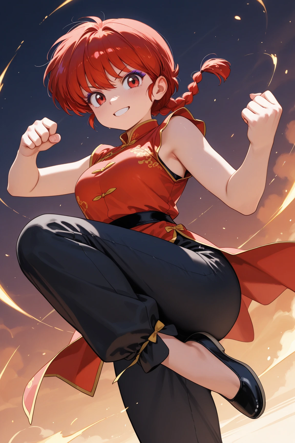 (solo:1.3),1girl\(Ranma, the main character of anime\(Ranma1/2\),cute,sexy, braided red hair, red eyes, red Chinese clothes, smiling, ranma saotome, braid, red hair, single braid, braided ponytail, red eyes,pants, chinese clothes, tangzhuang, dynamic kung fu action,purple eyeshadow).background\( panda from ranma,simple chinese design\). BREAK .quality\(8k,wallpaper of extremely detailed CG unit, high resolution, top-quality, top-quality real texture skin, hyper realistic, increase the resolution, RAW photos, best quality, highly detailed, the wallpaper, golden ratio, high saturation realism, vibrant colors, dramatic lighting, persuasive storytelling, atmospheric scenery, captivating visuals, intricate details, strong emotions, dreamlike world\),(dynamic angle:1.4)