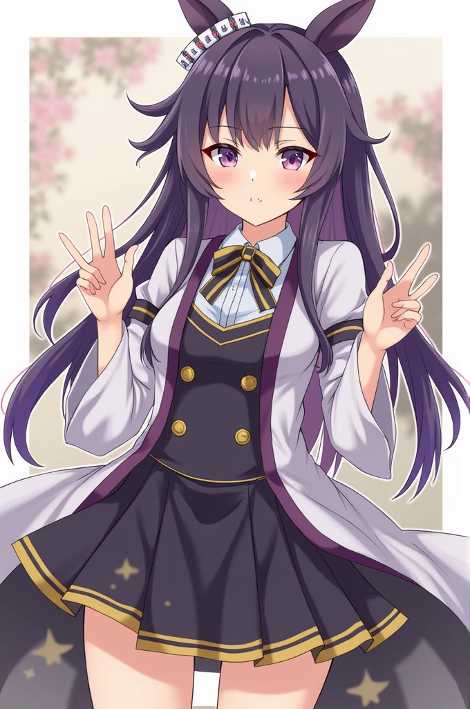 masterpiece, highest quality,
1 girl, alone,
(white background:1.4), looking at the viewer,
smile, blush, clothing lift,skirt lift,lift it yourself,  purple_panties,
hagikaze, Ahoge, one side up,
shirt, neck ribbon, short sleeve, vest, black skirt, white gloves,
be quiet,