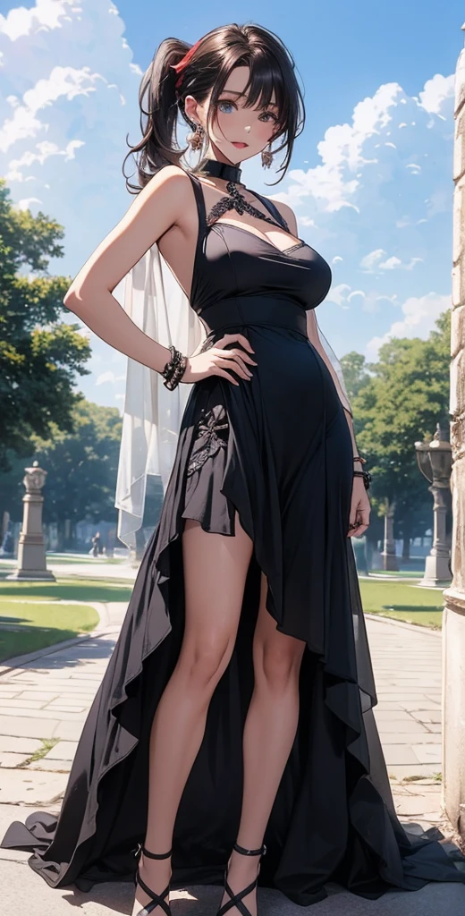  high resolution ,  High detail ,  high quality , full length ,full frame, Full-length girl , long hair ,  brown hair , Neat bangs, low ponytail, Breasts, earrings,  blue eyes , makeup, scarlet lips,  short summer dress,summer shoes , posing in the park .