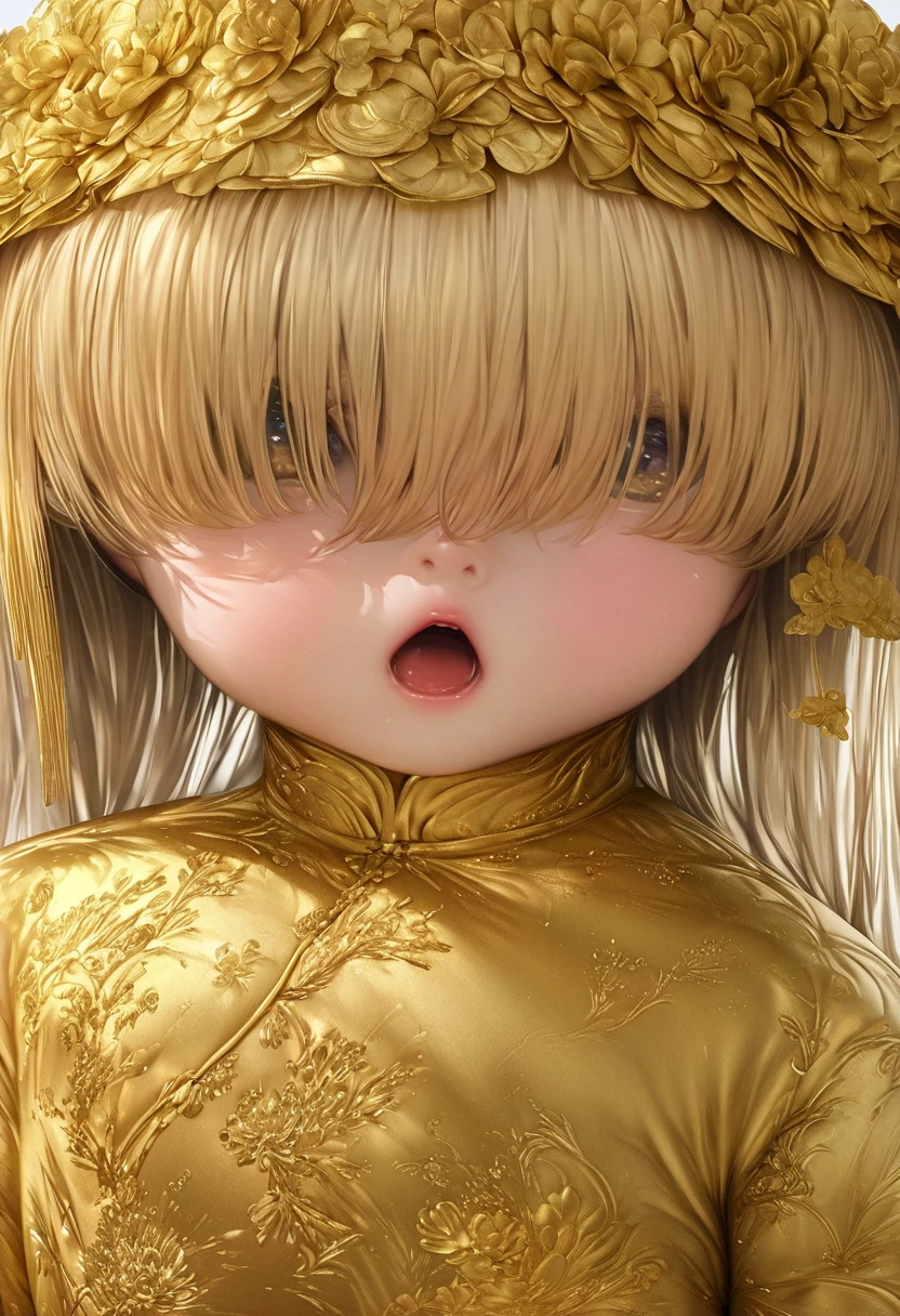 ( Hyperrealism:1.5),hair over eyes,open mouth,,( British loli girls), , , eyes are delicate and delicate,( Cheongsam gold flower,,), Ultra HD, masterpiece ,  high level of detail ,  high quality ,  Best Quality , HD Symbol 