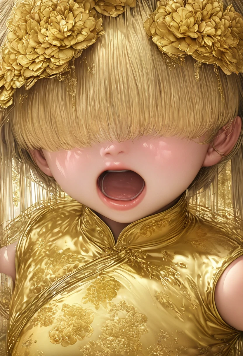 ( Hyperrealism:1.5),hair over eyes,open mouth,,( British loli girls), , , eyes are delicate and delicate,( Cheongsam gold flower,,), Ultra HD, masterpiece ,  high level of detail ,  high quality ,  Best Quality , HD Symbol 