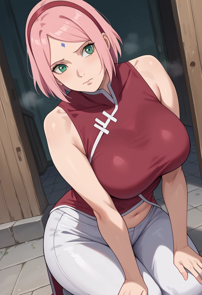 score_9, score_8_up, score_7_up,,nsfw, 1girl, Haruno Sakura, pink hair, short hair, green eyes, forehead mark, hairband,
red sleeveless dress, navel, large breasts, white pants,In a dim alley  ,side,side wrinkles,side smell,side juice, raise your arms ,stretch,( Excess pubic hair , underhair), squats, 