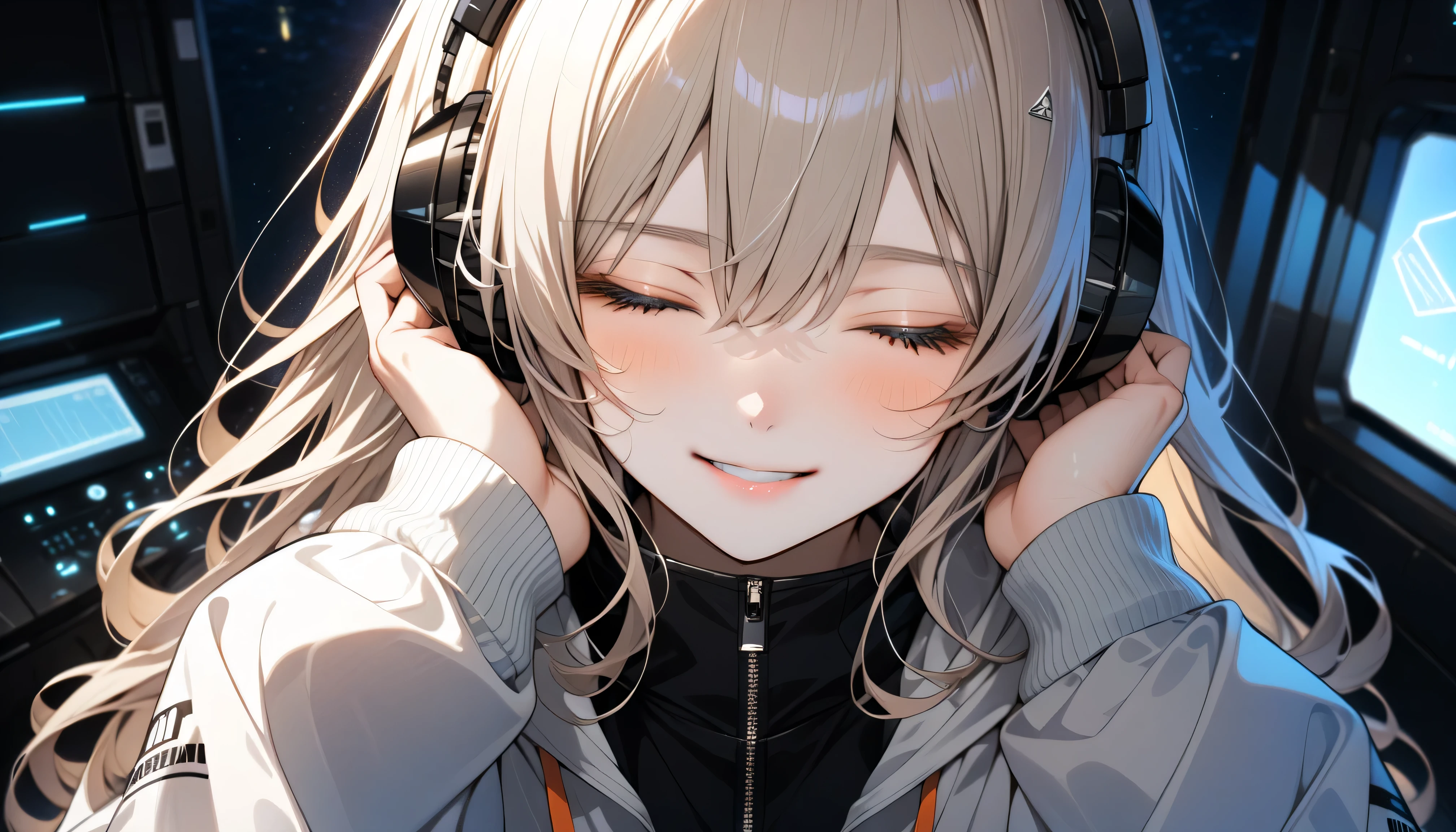 Anime girl with headphones on listening to music in a room - SeaArt AI