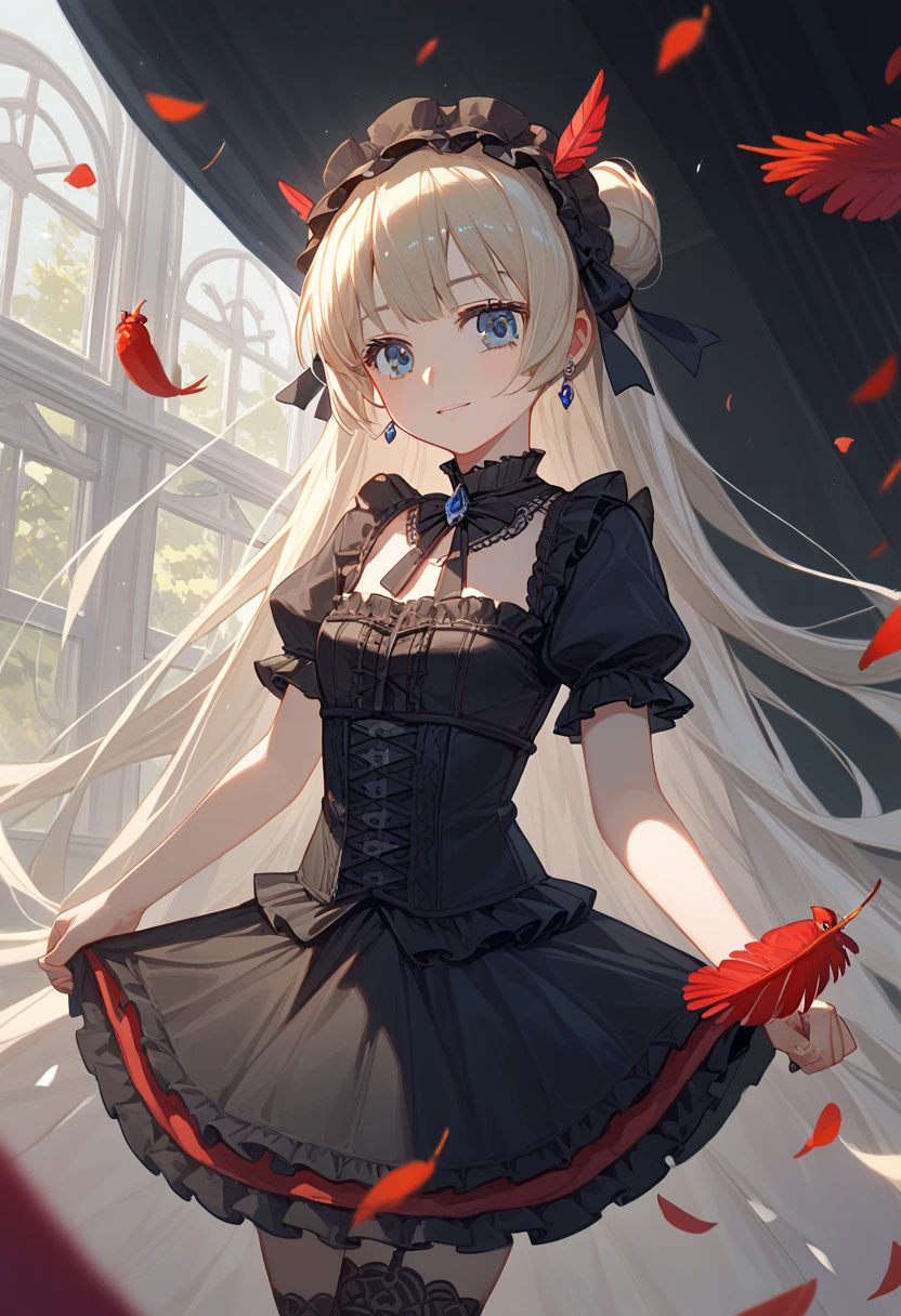 Anime girl with clothes ， red feathers flying around , Lolita in a skirt,  anime girl in a black dress,  cute anime wearing a beautiful dress, Gu Weiss on pixiv artstation, Gothic girl anime character , Gu Weiss, Anime style 4K, Gu Weiss on artstation pixiv,  anime Lolita style splash art ,  anime art wallpaper 8K 