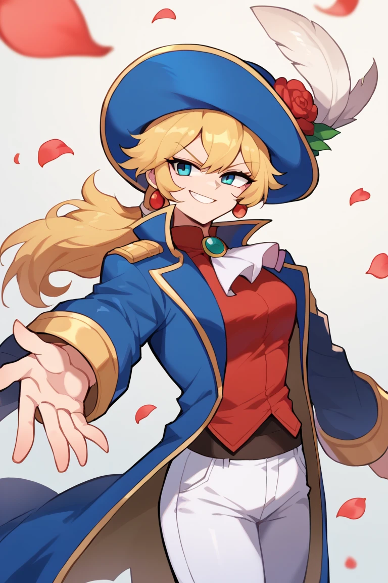 score_7_up, BREAK 1girl, solo,  IncrsPchSwordfighter, long hair, ponytail, hat feather, ascot, white pants, hat flower, long sleeves, petals, red flower, red shirt, blue jacket, feathers, blue coat, coat, blue headwear, brooch, jewelry, earrings, smirk