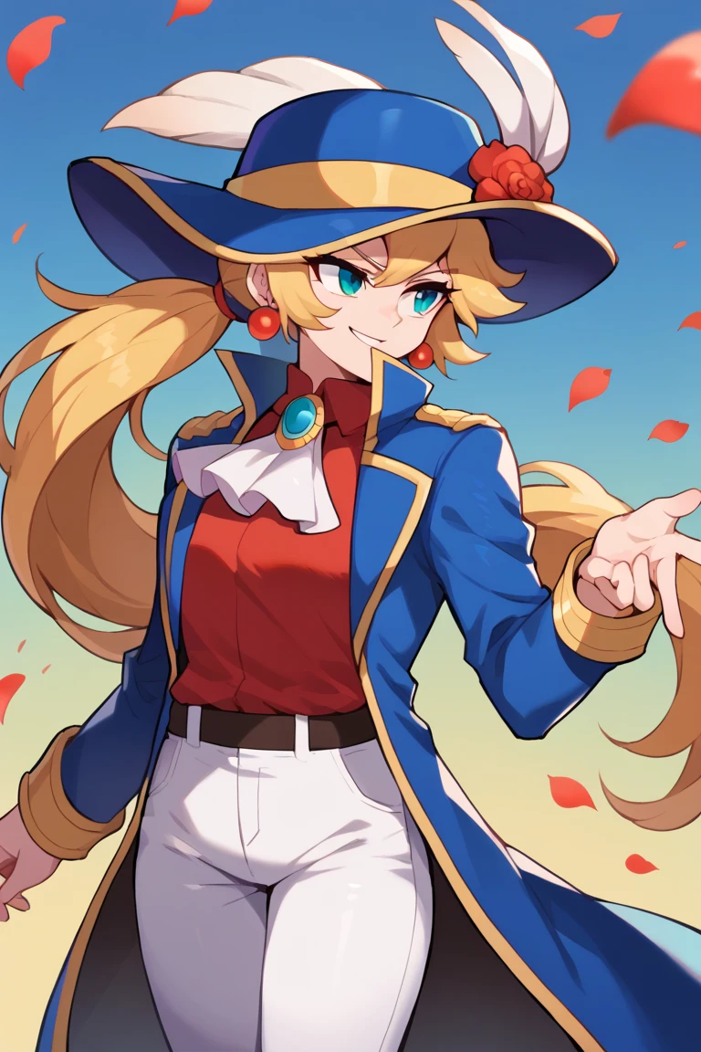 score_7_up, BREAK 1girl, solo,  IncrsPchSwordfighter, long hair, ponytail, hat feather, ascot, white pants, hat flower, long sleeves, petals, red flower, red shirt, blue jacket, feathers, blue coat, coat, blue headwear, brooch, jewelry, earrings, smirk