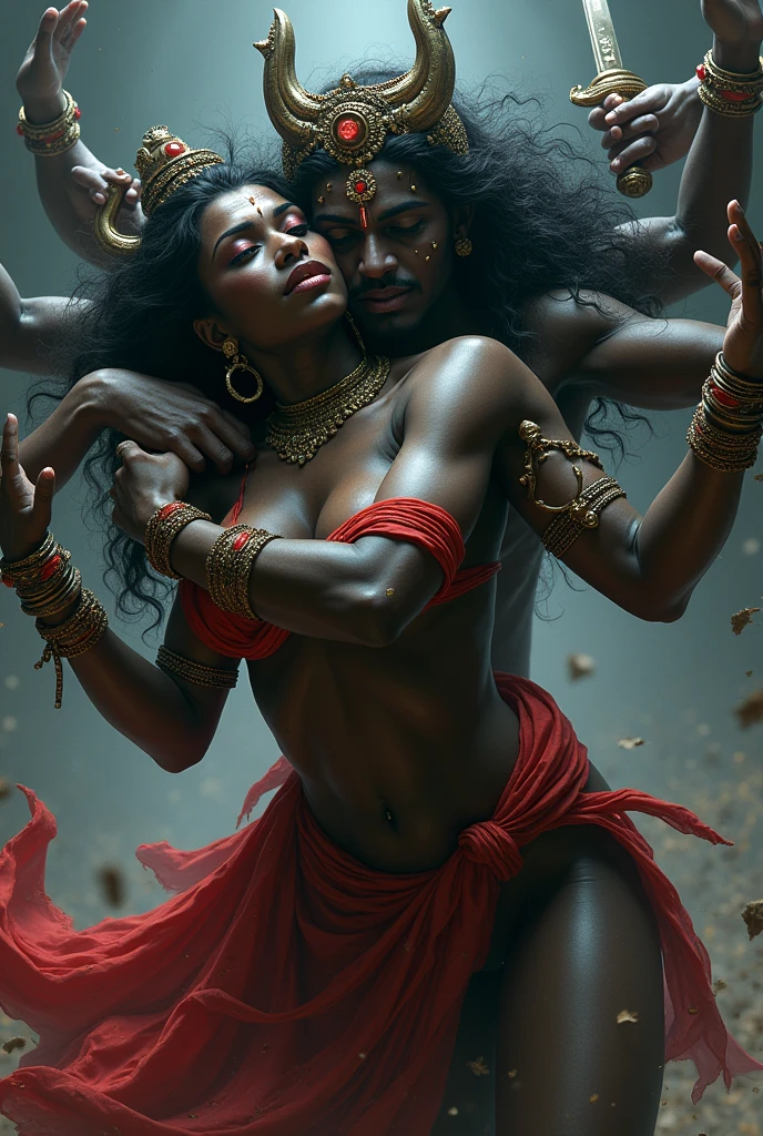 Highly detailed image, goddess semi nude kali arching forward with ten arms holding lord shivas penis and asur heads while lord shiva sexually hugging her from behind, squeezing breast ,