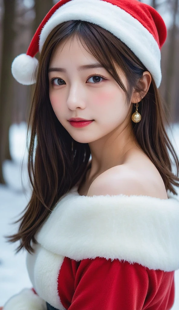 (Christmas Theme), Winter, Snow, Santa woman，conservative attire，with a Santa hat，blue crane，Wearing a red and white Santa  dress，Upper body close-up，Close-up photos，jewelry，Visions of heaven and earth，Magic crystal ball，The background is the Milky Way，solar system, Lighitnig, smile, (Large breasts), 口を少し開ける, キラキラエフェクト, レンズフレア, クリスマスツリー