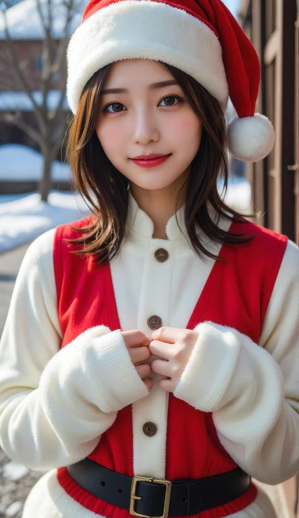 (Christmas Theme), Winter, Snow, Santa woman，conservative attire，with a Santa hat，blue crane，Wearing a red and white Santa  dress，Upper body close-up，Close-up photos，jewelry，Visions of heaven and earth，Magic crystal ball，The background is the Milky Way，solar system, Lighitnig, smile, (Large breasts), 口を少し開ける, キラキラエフェクト, レンズフレア, クリスマスツリー