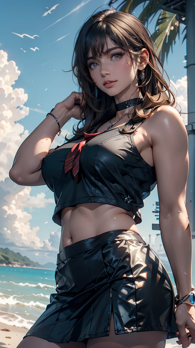 ((  Masterpiece )), (( best quality)), (( high definition )), (( Highly Detailed CG Unity 8K Wallpaper)), Alone, Tachibana Kanade ,  tan school uniform with split hair, micro mini black skirt ,  white socks , Outdoor, face, Curtain Hair,  beach , Hair split ,  Silver Hair、 choker、blue sky、cloud、Belly button visible、underboob((Underboob))、Big Breasts(Stick forward)、Torpedo 、