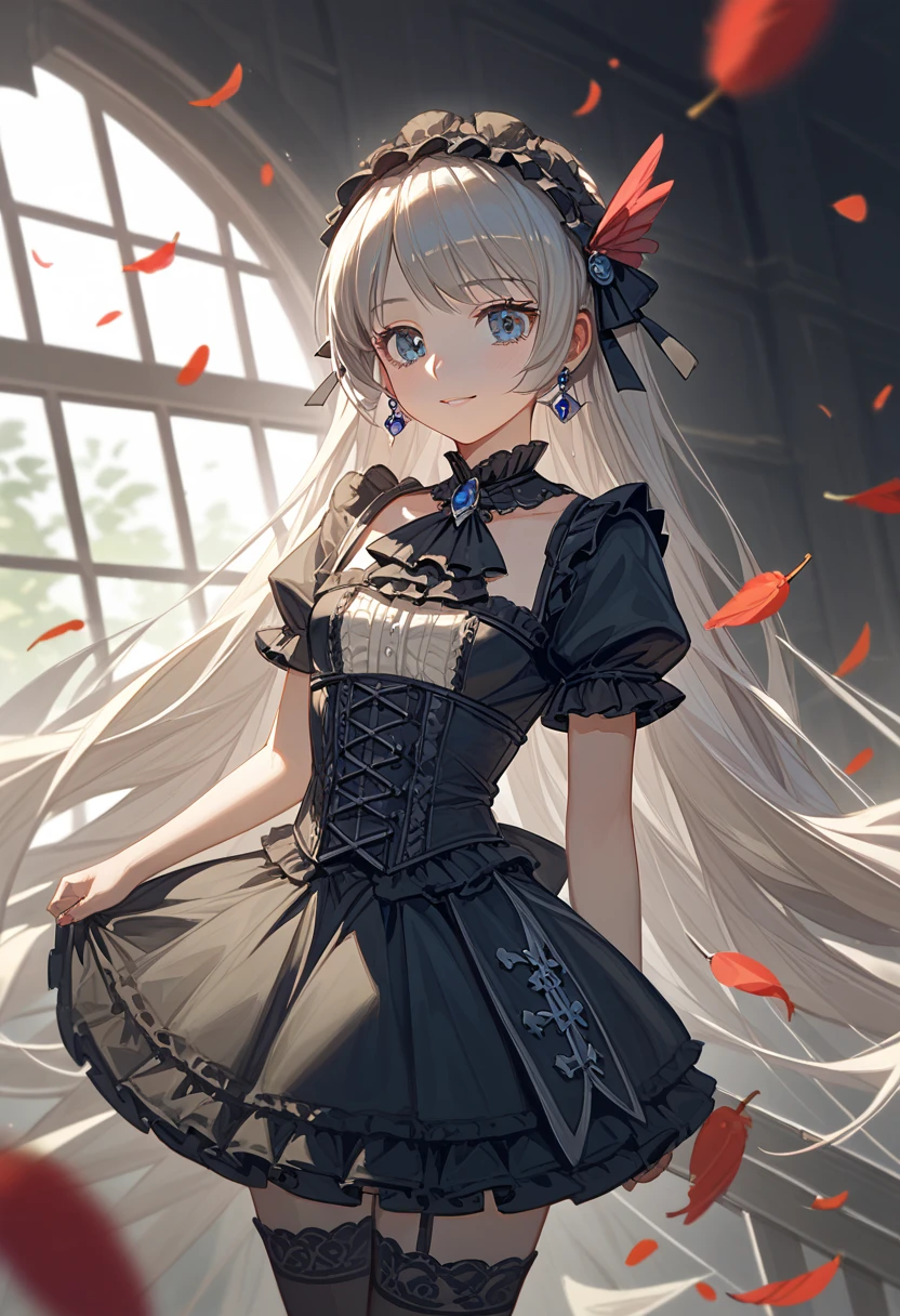 Anime girl with clothes ， red feathers flying around , Lolita in a skirt,  anime girl in a black dress,  cute anime wearing a beautiful dress, Gu Weiss on pixiv artstation, Gothic girl anime character , Gu Weiss, Anime style 4K, Gu Weiss on artstation pixiv,  anime Lolita style splash art ,  anime art wallpaper 8K 