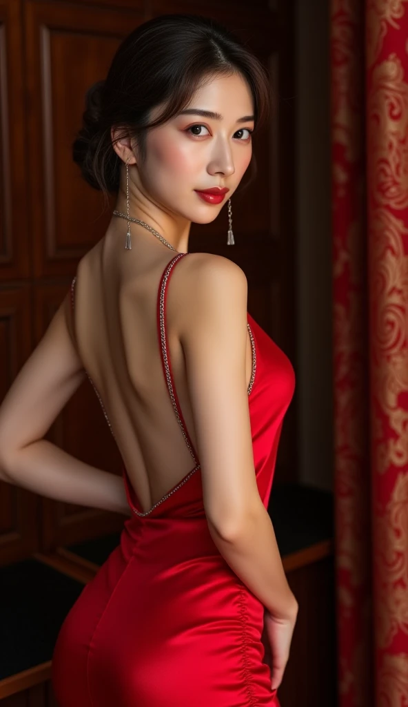 An elegant East-Asian woman with an alluring, confident expression poses in a luxurious, dimly lit room. She wears a form-fitting, vibrant red evening gown with an open back and delicate silver chains draped elegantly over her shoulders. Her hair is styled in a sophisticated updo with soft, loose curls framing her face. Her bold red lips and captivating gaze enhance the striking contrast against the moody background. The scene evokes sophistication and allure, with soft light highlighting the curves of her figure and the silky texture of the dress.