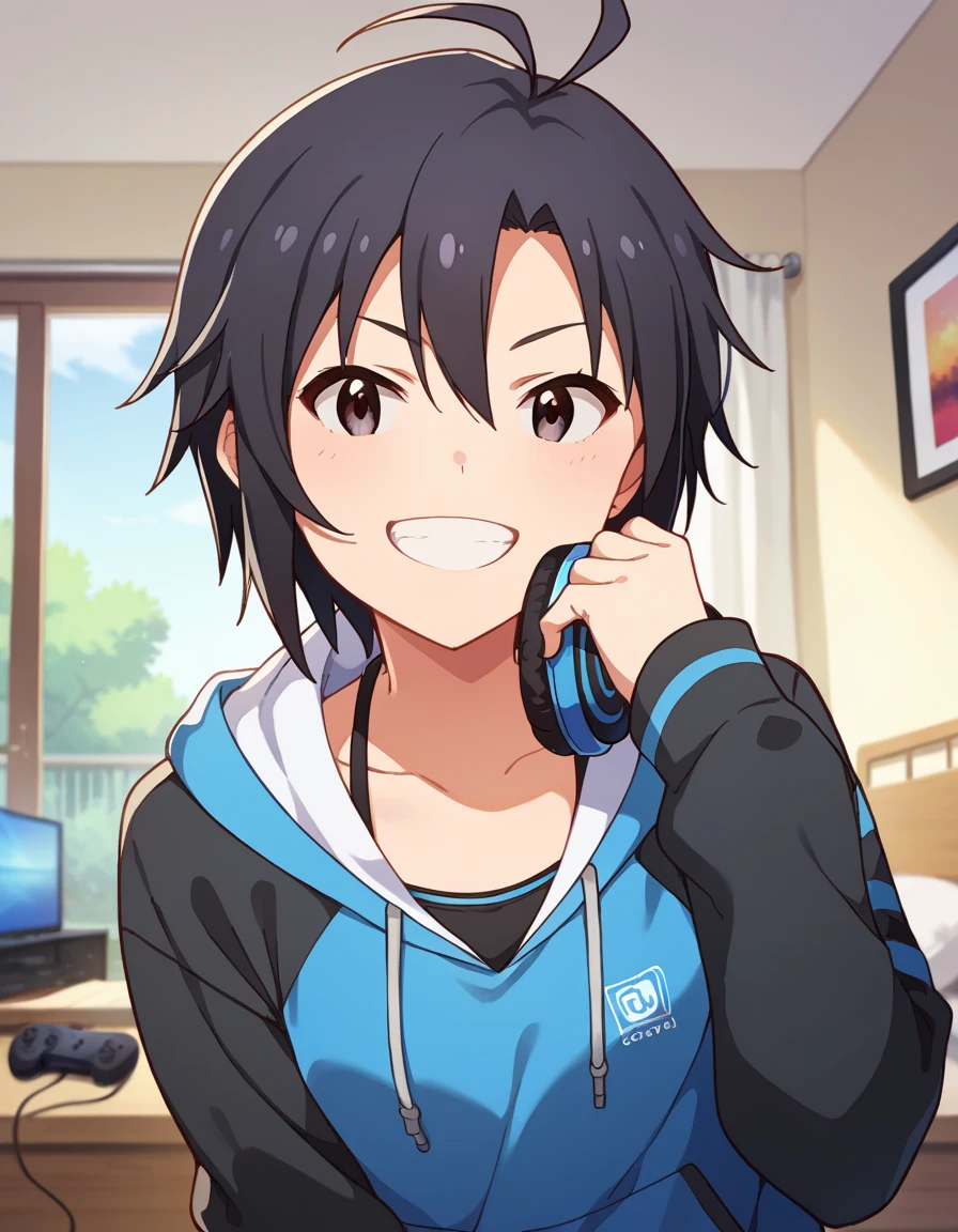 score_9, score_8_up, score_7_up, source_anime,
pinup of  1girl, solo, looking at viewer,
gamer, bedroom, setup gamer,
 kkcmkt, short hair, black hair, antenna hair, hair between eyes, black eyes, flat chest,  small breasts, 
hoodie black, headphone black, hood, grin, smile,