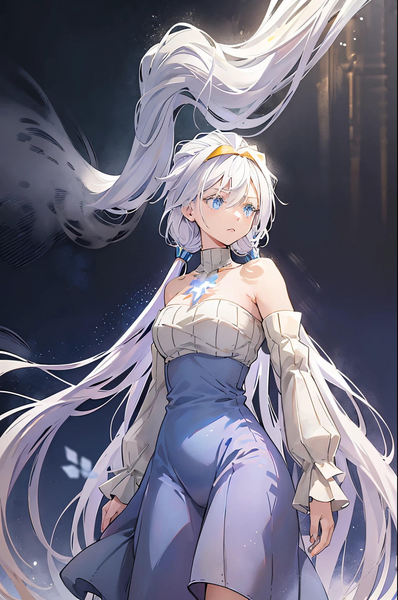 Young woman, long flowing white hair, blue eyed tinged with a shade of lavender, delicate skin, perfectly shaped hands, detailed hands covered in an icy aura. life-like portrayal, cold glinted eyes, masterfully crafted features, black cloak, black and cold detached sleeves, medium length combat dress, turtleneck jumpsuit, golden ornaments, gold headband