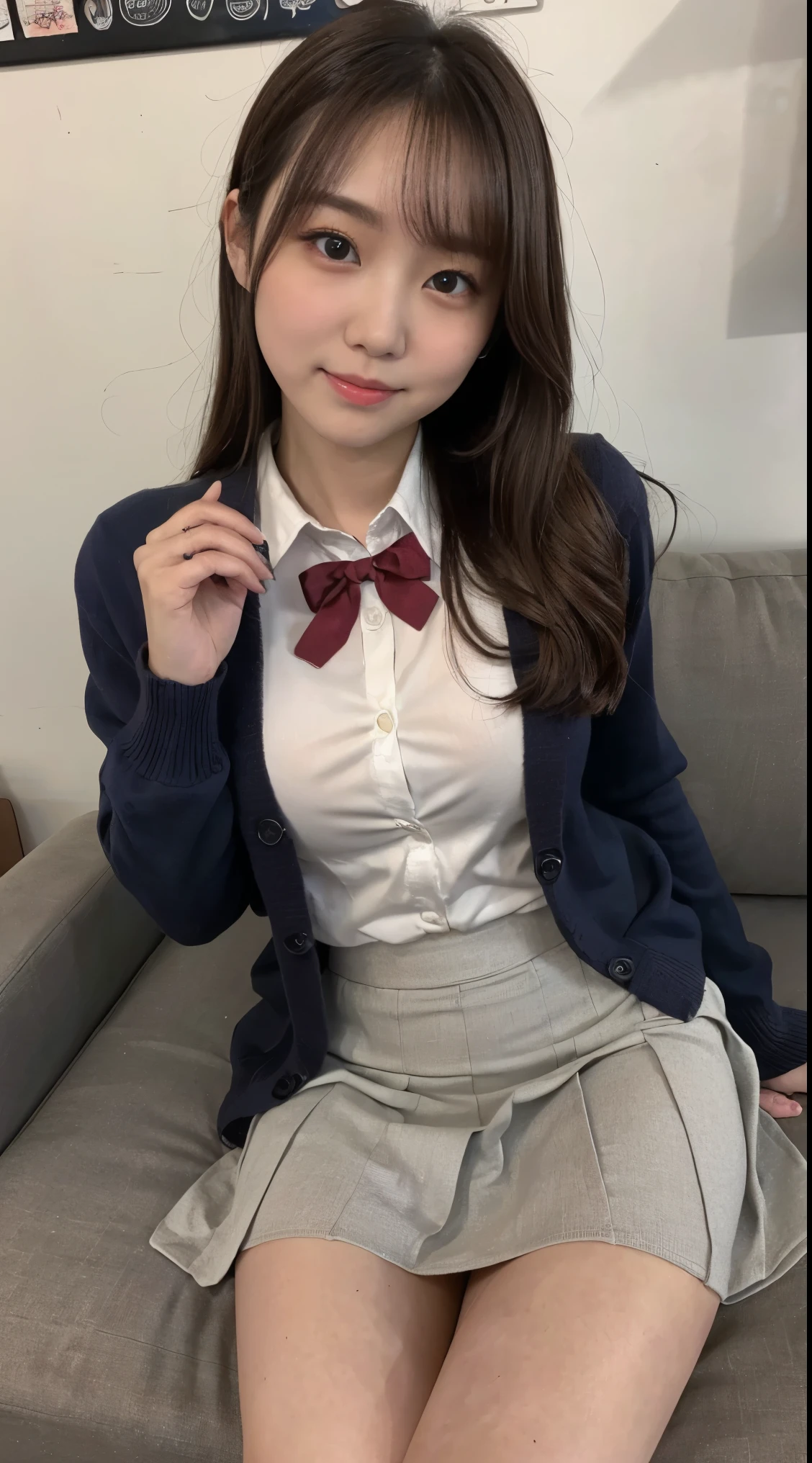 (8k、 top quality、 masterpiece、 realistic 、 more:1.3)、( Photorealistic:1.2)、(( high school girl、girls high school uniform、 school uniform、Red school ribbon、 is wearing a brown cardigan、 white color long sleeve Y shirt 、 super mini skirt 、Navy pleated skirt))、(((首元にRed school ribbon))(( Beautiful Japanese Woman ))、 one woman、 light brown hair 、Big Breasts、 very detailed face 、 beautiful eyes、 full thighs、Piercing fat thighs 、Knee