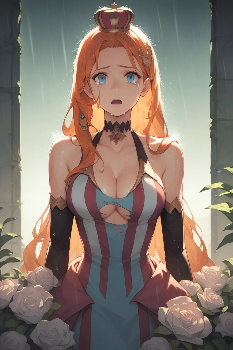 1girl, orange hair, long hair, blue eyes, eyelashes, bare shoulders, sleeveless, elbow gloves, dress, mini crown, striped dress, halterneck, choker, hair ornament,

creative frame,  perfect lighting, best quality, masterpiece, light rays, professional photograph, perfect quality, gorgeous lighting,  masterpiece, torn clothes, concerned, tears, thicc, open mouth, exposed breasts, defeated, bare shoulders, perky breasts, skin, high quality, wet breast, Thicc, outside, raining, surrounded, cleavage, looking at viewer, sfw
