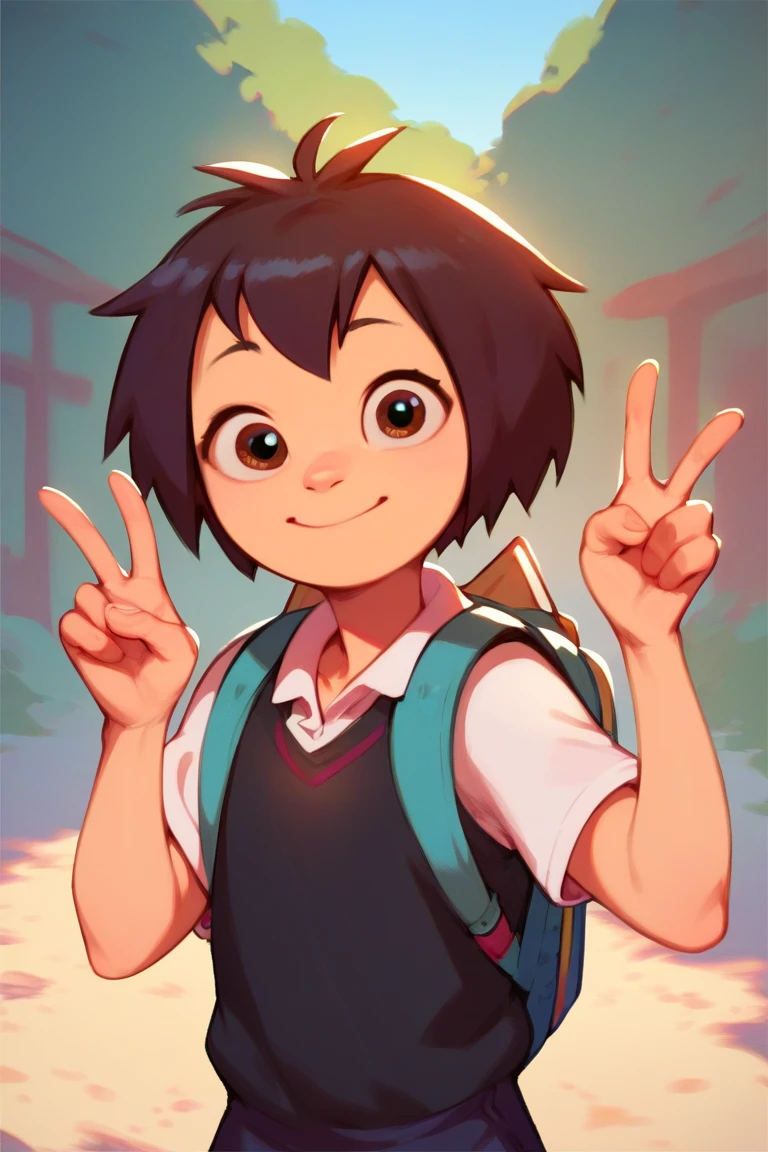 score_9, score_8_up, score_7_up, solo, 1girl, peni, white shirt, black vest, blue backpack, smile, upper body, animification,solo,flat chest, smile, peace sign, closed mouth, smile, backpack, outdoors, upper body, looking at viewer, nude, full body
INFO
