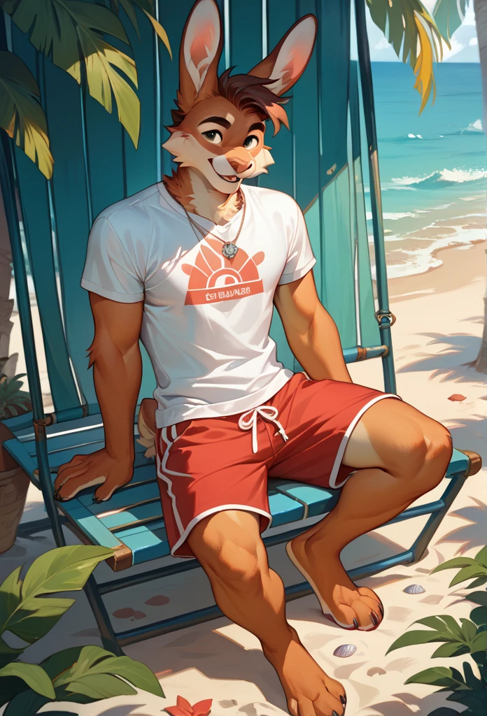 solo, score_9, score_8_up, score_7_up, an Anthro furry brown wolf male, dark brown shaggy hair, black nose, brown furry body, shirtless, wearing Hawaiian swimming trunks, riding a jet ski, in the ocean, sunny day, laughing, wearing sunglasses