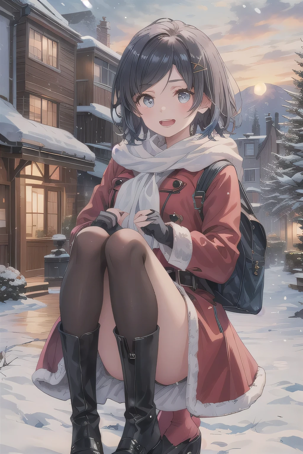 She is dressed in a classic Santa Claus outfit, with a red and white coat, a matching skirt, and black boots, perfectly tailored to her small frame. On her back, she carries a large, white sack filled with presents, the soft fabric of the bag hinting at its generous contents. The The background is a street corner illuminated with Christmas decorations, with the sky transitioning from a warm orange of sunset to the cool blue of night. Snowflakes gently fall, adding to the tranquil winter atmosphere. The girl’s bright and cheerful expression contrasts beautifully with the peaceful surroundings, evoking a sense of warmth and festive joy.  masterpiece,  top quality,  high definition ,  short hair,  ,  dark eyes,  hair clip, x Hair accessories, smile, tooth.