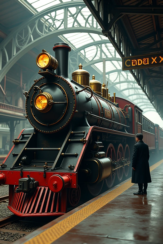 A red and black train with a classic steampunk, art nouveau and Fabergé style locomotive is located at a train station.
The train is partially covered by a metal structure, which creates a contrast of light and shadow.
A man in the middle of the image stands with his back turned, with a gesture that suggests movement.
The detail of the locomotive is observed, with its wheels and connections, as if they were a work of art.
The texture of the metal, wood and asphalt are realistically represented.
The colors are vibrant, with reddish, black, gray and green tones.
A style is sought that combines photographic realism with an artistic touch, creating a nostalgic atmosphere.
Elements to highlight:

Locomotive: Highlight its details, such as the wheels, connections, logo, lights and texture of the paint.
Metal structure: Capture the play of light and shadow that it creates on the train.
Man: His posture, his clothes and the gesture of his body.
Atmosphere: The asphalt, the station, the tracks, the traffic signs, creating an atmosphere of the time.
Keywords: Photographic realism, nostalgia, connections, details, light and shadow.