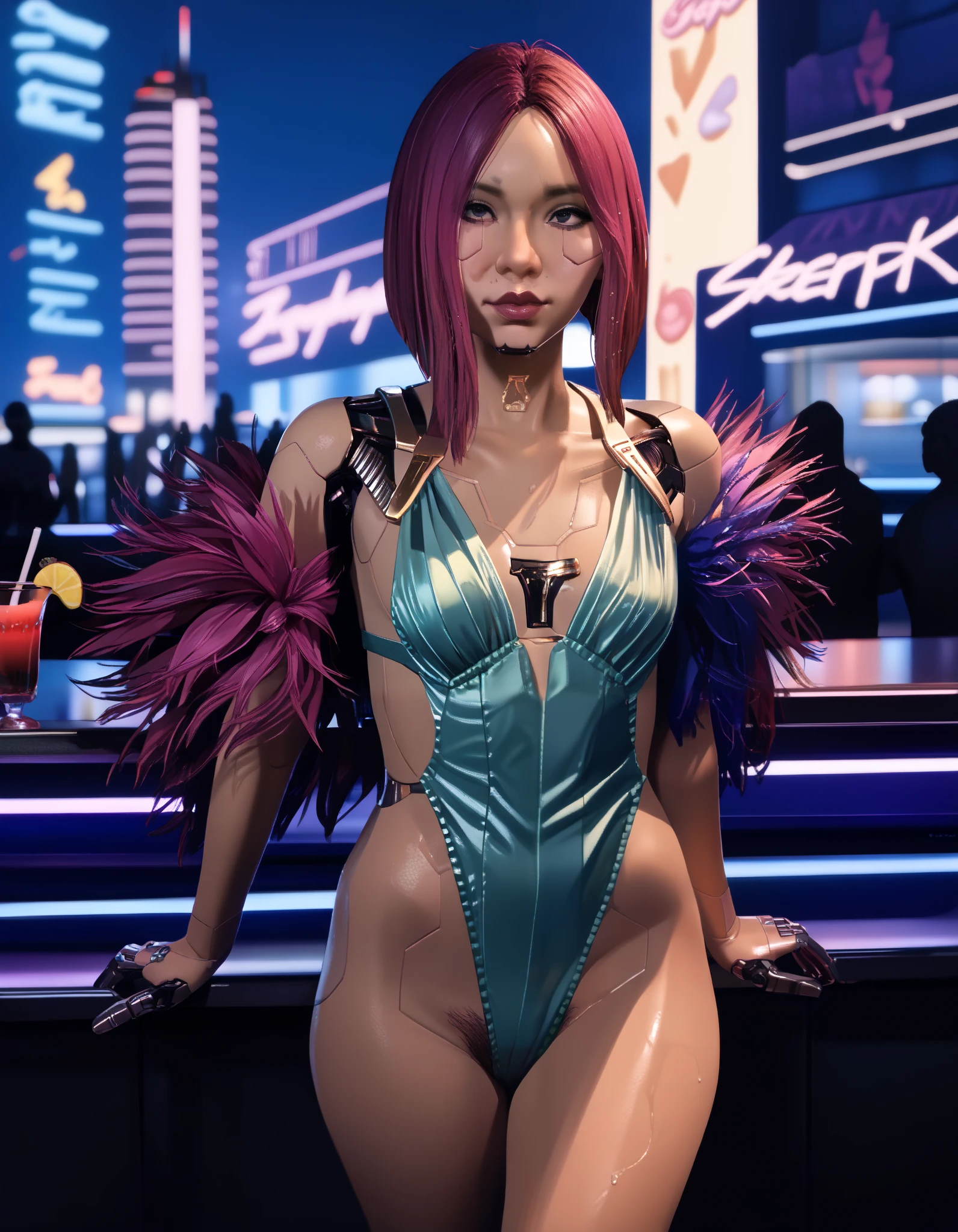 NSFW renders of songbird. fancy gold short dress, shapely legs,, , ,  ,cyberware ., anime, female , , ,,Songbird,,, thighs,, , , (pixel sketcher:1.4),, masterpiece,   ,pale skin, detailed Bonifasko lighting, [crepuscular ray], best details, purple shorter hair,, real life,, , depth of field, detailed background], cyberpunk high society cocktail party, casino, city at night , fog,female focus, wet, ,skinny, ,pubic hair, hdark lighting, , solo, dirty textures, glowsticks flashing, . , female focus,, ,,  1girl, , .,female, (Songbird cyberpunk 2077 ), (Songbird:1.2), seductive gaze, femme, , ,,small breasts, ,breast sag , clear details, (, realistic textures, , gloves, , 1girl, one girl, 1girl,jiggle, , delicious shading, life-like rendering, cybernetics, back cybernetics, 
