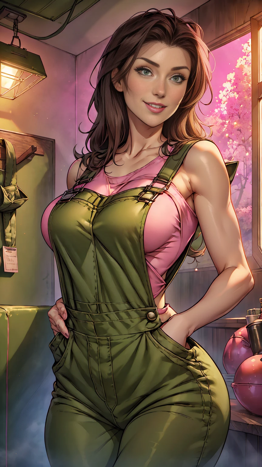 ((1girl)), Jewel Staite as Kaylee from Firefly, ((undone olive green overalls)), ((short pink crop top)), ((long brunette hair)), perfect breasts, sexy pose, thin and skinny, toned body, smile, spaceship engine