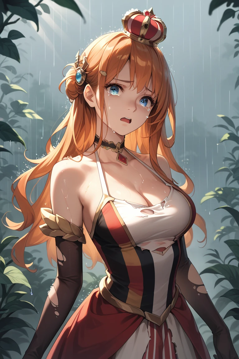 1girl, orange hair, long hair, blue eyes, eyelashes, bare shoulders, sleeveless, elbow gloves, dress, mini crown, striped dress, halterneck, choker, hair ornament,

creative frame,  perfect lighting, best quality, masterpiece, light rays, professional photograph, perfect quality, gorgeous lighting,  masterpiece, torn clothes, concerned, tears, thicc, open mouth, exposed breasts, defeated, bare shoulders, perky breasts, skin, high quality, wet breast, Thicc, outside, raining, surrounded, cleavage, looking at viewer, sfw
