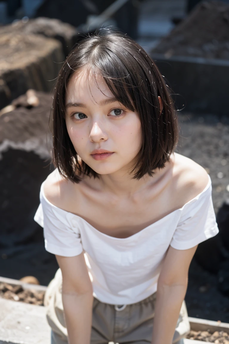  black hair、20 years old、( top quality), 4K,  high definition , masterpiece)、 (,  slim:1.8,  blue-white skin:1.6), ( small face:1.8,  no makeup in the coal mine:1.8),  beautifully detailed eyes( symmetrical eyes, Big round eyes:1.8, 輝く瞳:1.6, Delicate eyebrows, delicate eyelashes,  with sagging eyes :1.2), 超 slimなモデル体型、 off shoulder 、 strapless 、bread、 beige t-shirt 、nsfw、down blouse, loose t-shirt, slouching forward