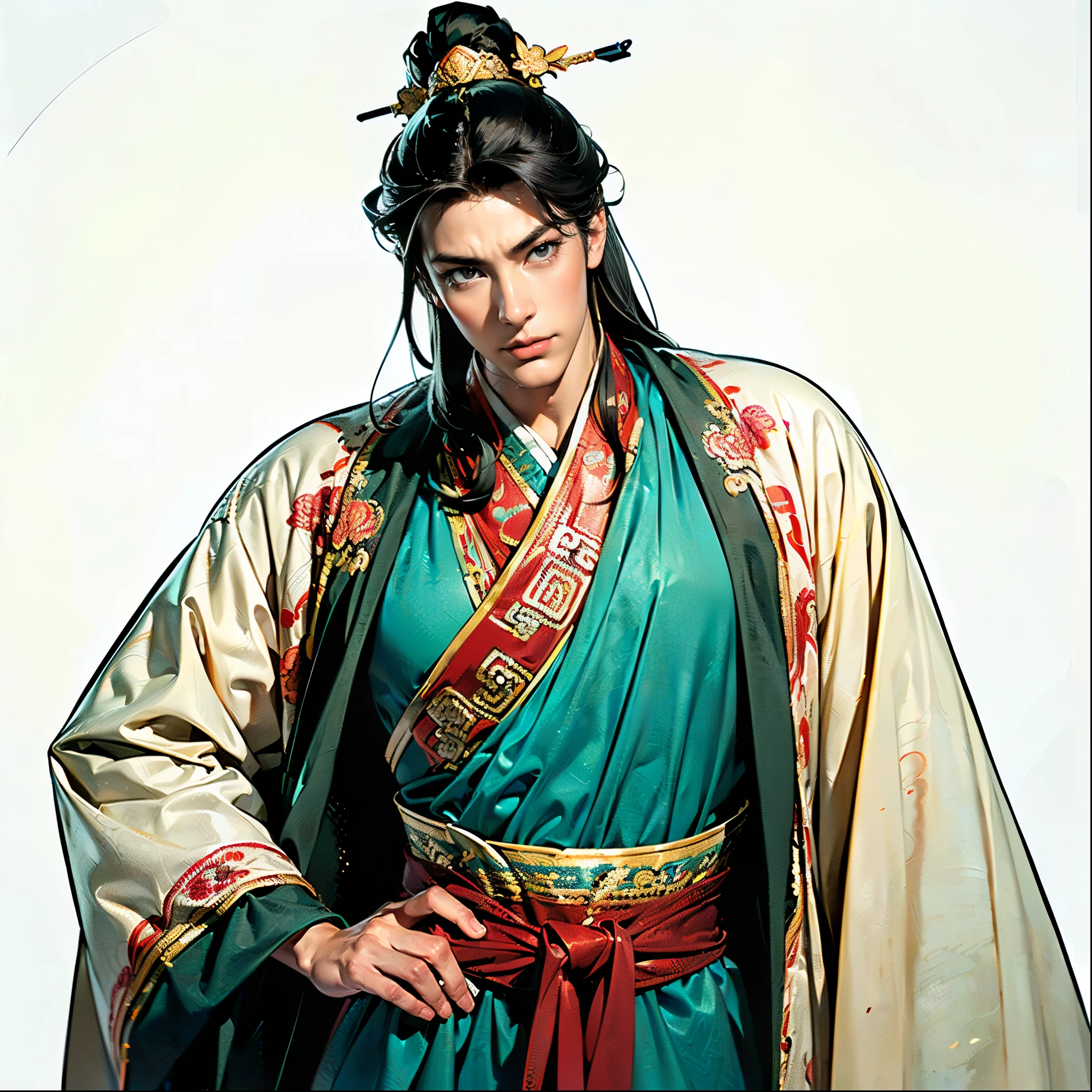 ( top quality,4K,8k, high definition ,masterpiece:1.2),super detailed,(super fine illustration),(((A man drawn with colorful anime-style illustrations ))),20 years old,Heroes of the Three Kingdoms, neutral face :1.3, confident expression,(( PERFECTLY SET WITH LONG BLACK HAIR AND HANGING BANKS,VERY SEXY MAN )), detailed eyes :1.2, perfect eyes,(( Attractive Dark Eyes )),( well-trained body,Thick chest, thin macho),cinematic lighting, spotlight, soft shadows,((I'm making you open my chest:1.2, ancient Chinese red costume with detailed embroidery down to the work of art:1.3,dynamic pause:1.2)),(( Cowboy Shot :1.2)),(( white background:1.3,simple background:1.2)),( standing:1.3, depicting everything from the tip of the head to above the knee :1.3)