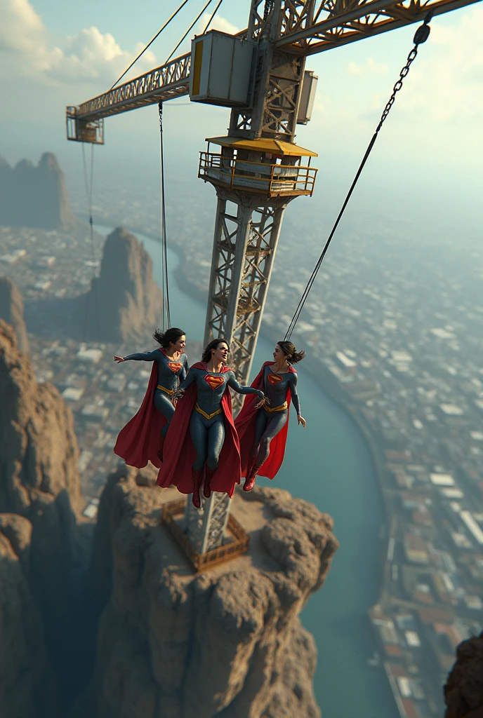 Superhero girl in bikini flying in big city with skyscrapers. luxury cars