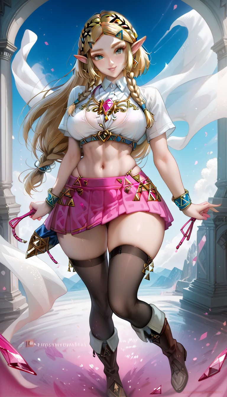 1 girl, solo, (((princess zelda))), Hairstyle with braids,  glitter in the eyes , (( clear iris )), big boobs, elf ears, white top, open neckline,  toned waist,  low-rise skirt , stretch mini skirt , Curvy hips,  stockings are very tight on the hips,  knee-length boots ,  high resolution ,  Realistic anatomy ,  In detail,  Ultra high definition ,  Retina , 