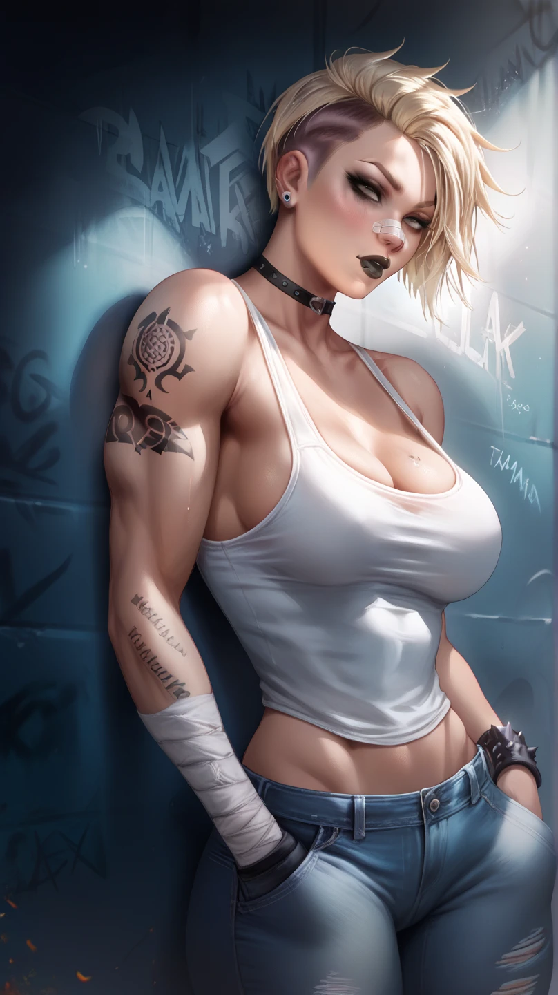 A mean looking woman with blonde short undercut hair, wearing a white tank top and ripped jeans, tattoo on arm, black makeup, black lips, leaning against the wall in the alleyway, bandage on nose, muscular, hands inside pockets