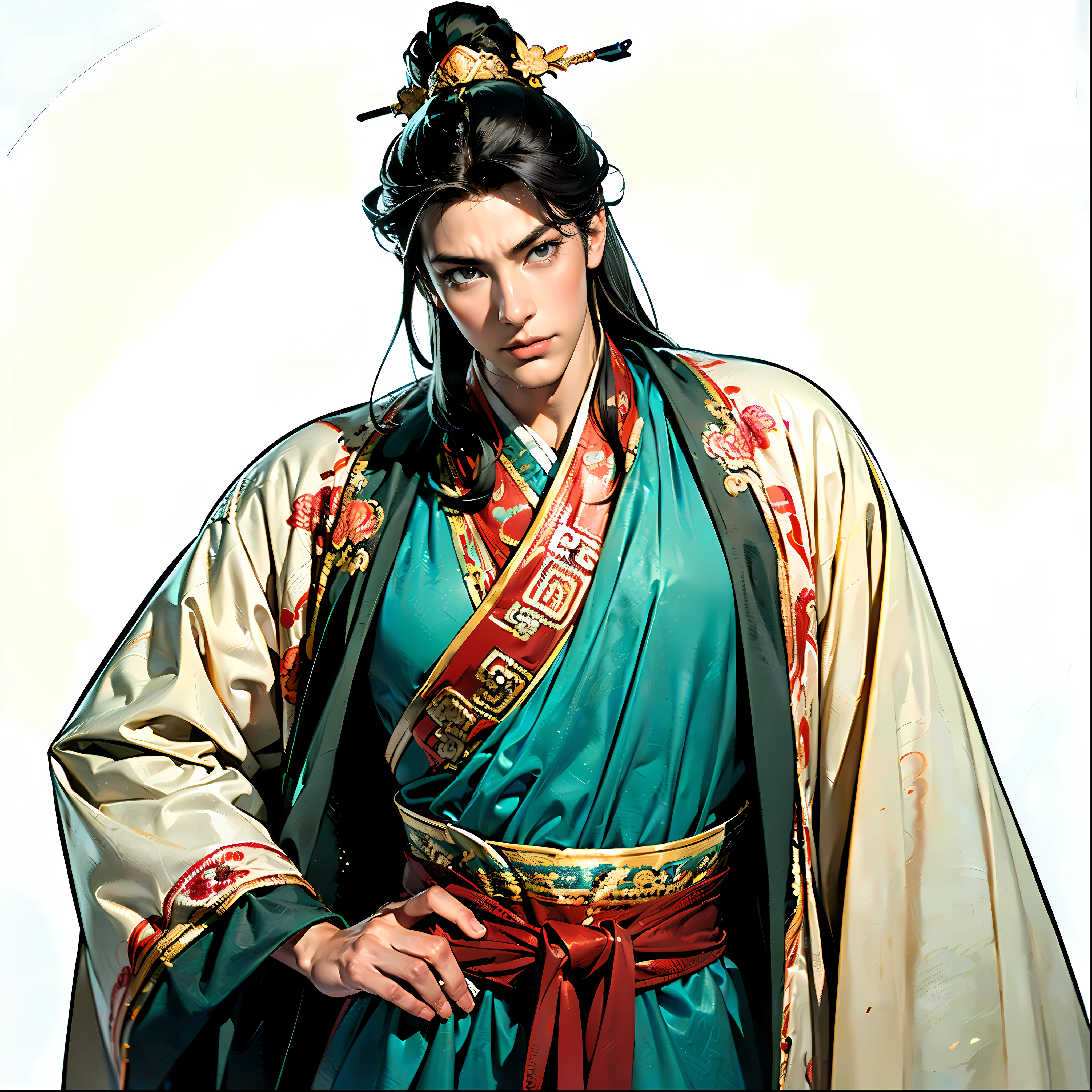 ( top quality,4K,8k, high definition ,masterpiece:1.2),super detailed,(super fine illustration),(((A man drawn with colorful anime-style illustrations ))),20 years old,Heroes of the Three Kingdoms, neutral face :1.3, confident expression,(( PERFECTLY SET WITH LONG BLACK HAIR AND HANGING BANKS,VERY SEXY MAN )), detailed eyes :1.2, perfect eyes,(( Attractive Dark Eyes )),( well-trained body,Thick chest, thin macho),cinematic lighting, spotlight, soft shadows,((I'm making you open my chest:1.2, ancient Chinese red costume with detailed embroidery down to the work of art:1.3,dynamic pause:1.2)),(( Cowboy Shot :1.2)),(( white background:1.3,simple background:1.2)),( standing:1.3, depicting everything from the tip of the head to above the knee :1.3)