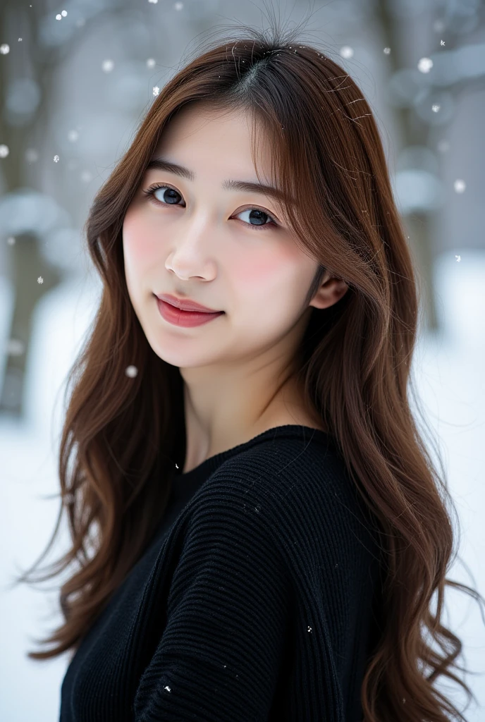 A close-up portrait of a beautiful East-Asian woman with long, wavy brown hair flowing over her shoulders, standing outdoors on a snowy day. She wears a cozy black knitted sweater, contrasting with the soft, white snowy background. Her gentle smile and warm gaze are highlighted by her smooth, radiant skin and natural makeup. The softly blurred background of snow-covered trees creates a serene and peaceful winter atmosphere, perfectly complementing her calm and elegant appearance