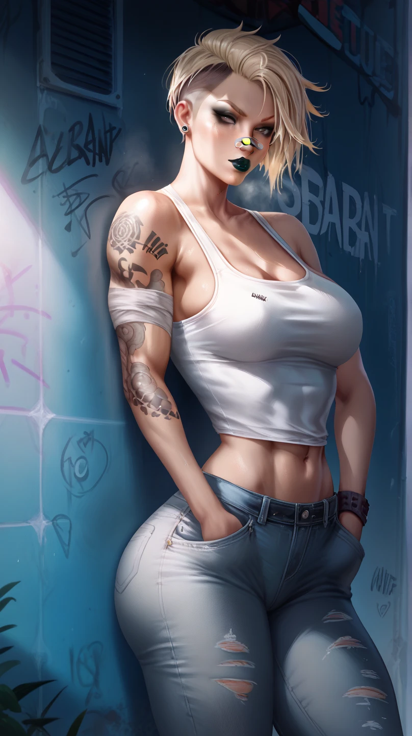 A mean looking woman with blonde short undercut hair, wearing a white tank top and ripped jeans, tattoo on arm, black makeup, black lips, leaning against the wall in the alleyway, bandage on nose, muscular, hands inside pockets