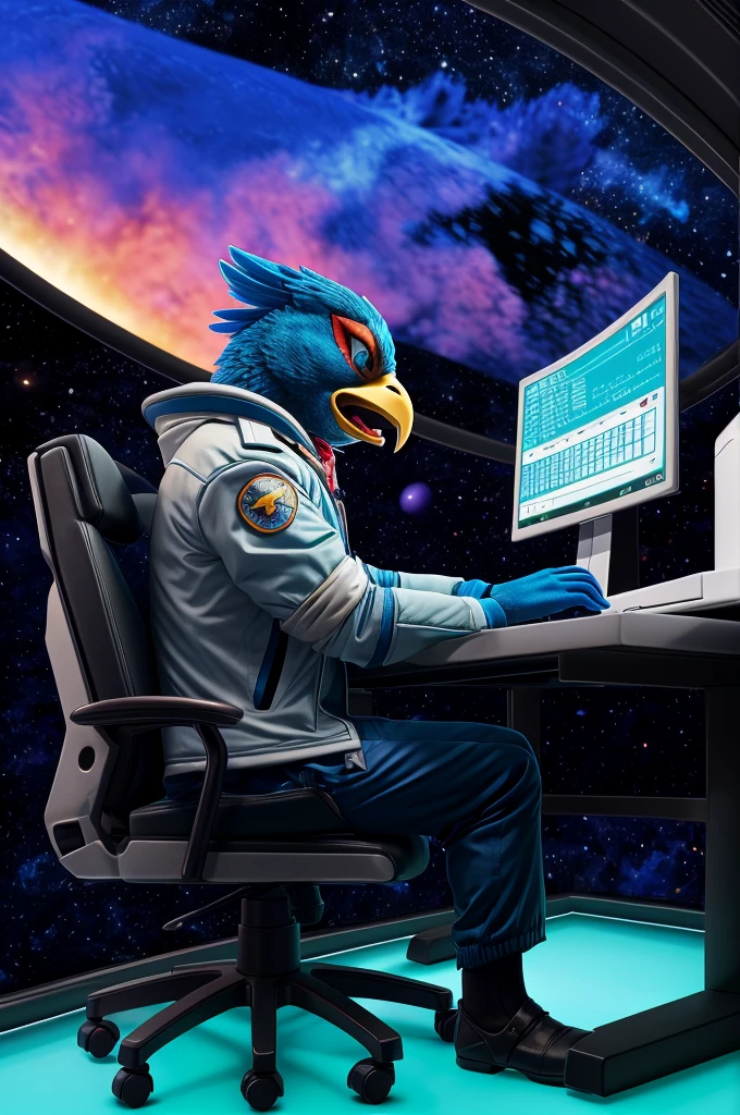 score_9, score_8_up, score_7_up, score_6_up, 1boy, solo, falco lombardi, avian, bird, clothed, anthro, beak, blue body, blue feathers, blue eyes, feathers, male, neckerchief, wearing jacket, topwear, bottomwear, uniform, space station, science fiction, space, star, yellow beak, night, city, Angry, wide eyed, blue eyes, open mouth, mouth wide open, fangs, profile, Looking at computer, sitting in chair, bending forward, keyboard,Blue room, blue lighting,