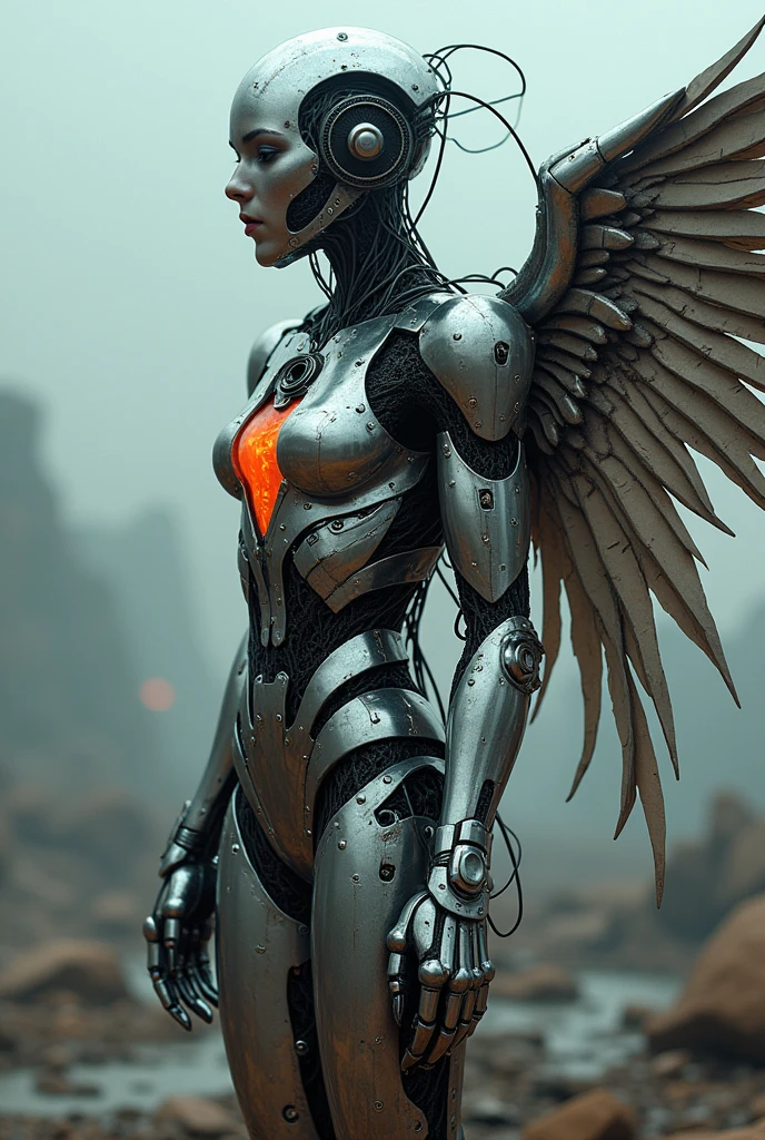 HD photo Intricate 3D rendering Ultra Detail Beautiful Angel of Death, Biomechanical Robot, Simulated 150mm Lens, Beautiful Natural Soft Edge Light, Neon Vein, Roots, Delicate Leaf Lace, Colored Details, Boris Bidjan Saberi Garments, Pearl Earrings, Piercings, Art Nouveau Fashion Embroidery, Intricate Details, Mesh Lines, Mandelbrot Fractal, Facial Muscles, Cables, Microchips, Villains, Surreal, Octane, Volume Lighting, 8k and post-production, red white with a touch of black, metal skeleton detailing, half-human, iridescent, Glenn Brown style, futuristic room, power of God, high angle shooting, complex body poses